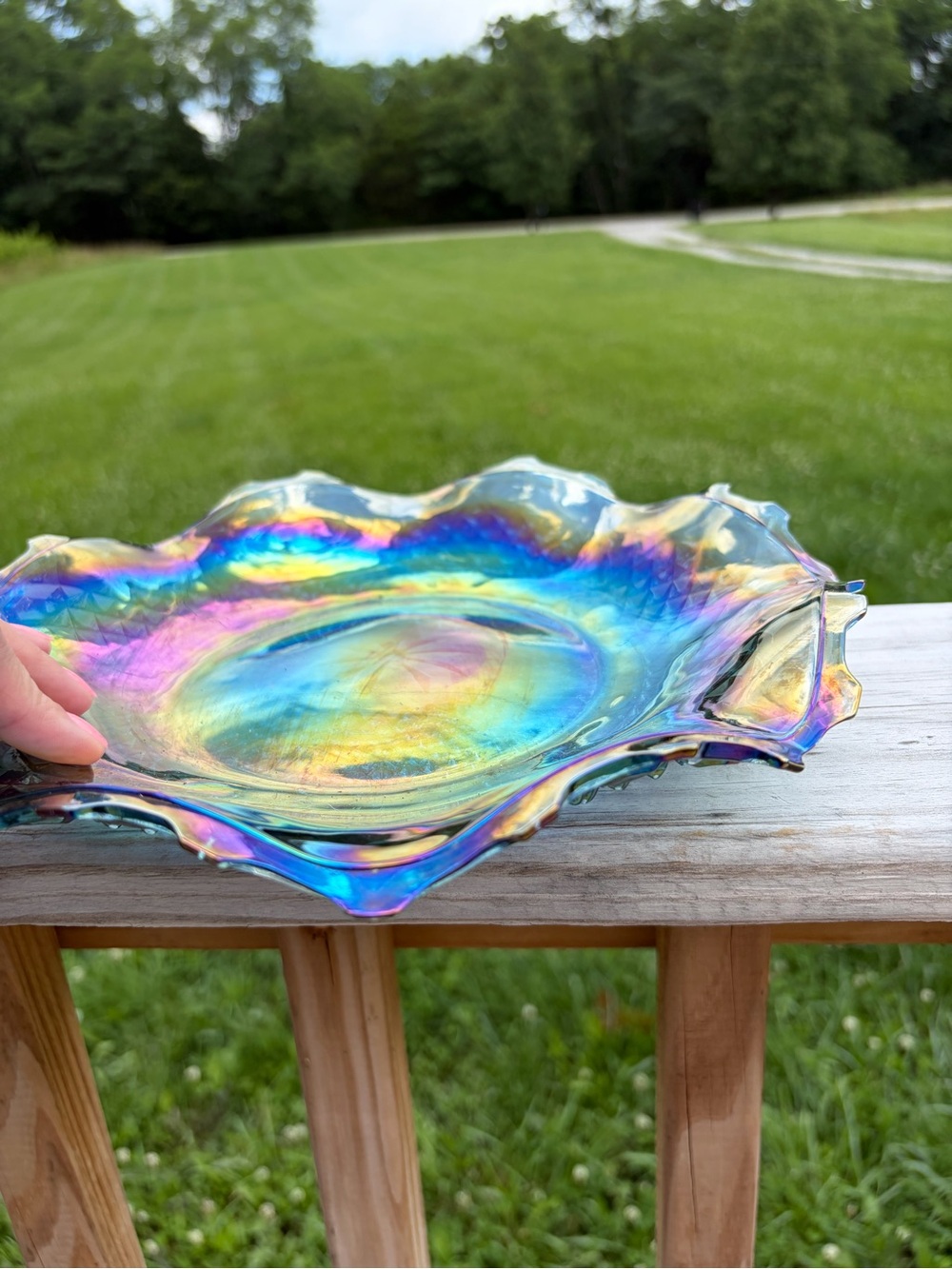 Blue Iridescent Diamond Cut Carnival Glass 10" Bowl Plate Dish Vintage Victorian - Picture 4 of 7